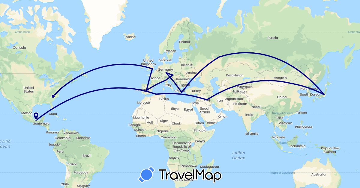 TravelMap itinerary: driving in Austria, China, Germany, Algeria, Spain, United Kingdom, Greece, Iraq, Italy, Japan, Mexico, Russia, United States (Africa, Asia, Europe, North America)